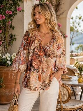 Jade Boho Floral Blouse ✨ Luxe Resort Romantic Tassel Top